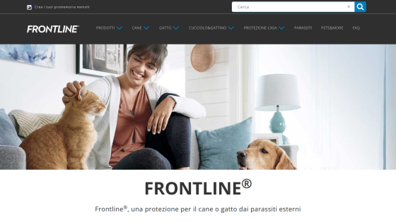 Frontline website header and hero showing a woman with a cat and dog promoting parasite protection for pets