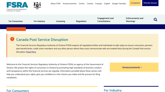 Financial Services Regulatory Authority of Ontario homepage with Canada Post service disruption notice and navigation links