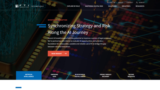 FTI Consulting Technology page highlighting AI strategy and risk with navigation and insight button