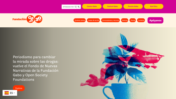 Fundación Gabo website with navigation and hero featuring a talk on manipulating democracy in the digital era.