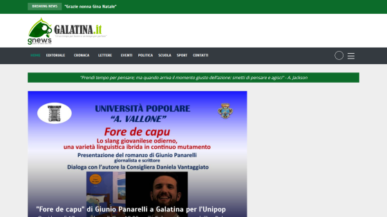 Galatina.it news site with headline on 'Fore de capu' book presentation by Giunio Panarelli and navigation menu