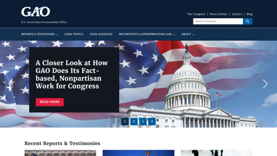 GAO website showcasing a headline about its nonpartisan work for Congress with a prominent call to action.
