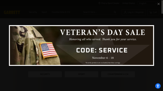 Veteran's Day Sale banner with discount code SERVICE, honoring all who served, valid November 6-18