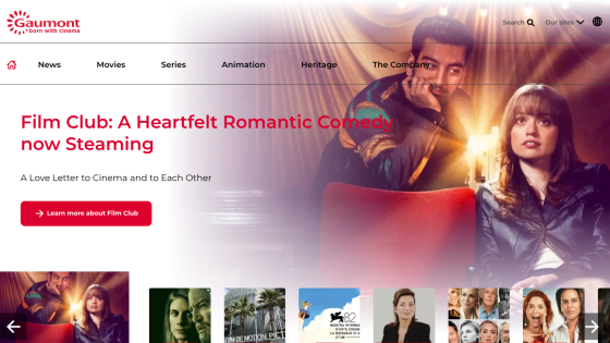 Gaumont website promoting Film Club romantic comedy now streaming with navigation menu and movie images