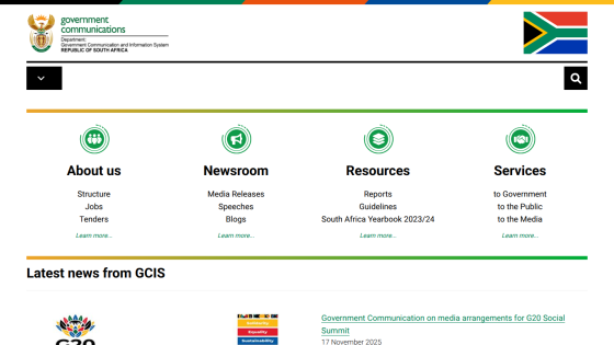 South African Government Communication site with navigation links About us, Newsroom, Resources, Services, and latest news headlines