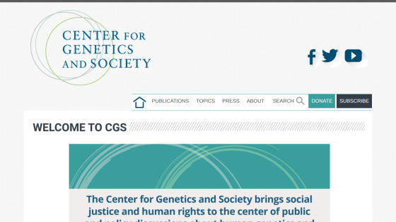 Center for Genetics and Society homepage with navigation and mission statement about social justice and human rights