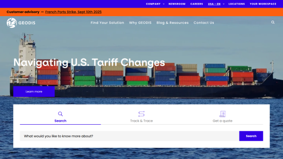 Homepage featuring U.S. tariff changes with a search bar and colorful shipping containers in the background.
