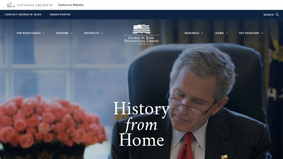 George W. Bush Presidential Library homepage with navigation and 'History from Home' headline over a photo of George W. Bush