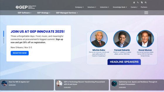 GEP Innovate 2025 event promotion with speaker details and registration button.