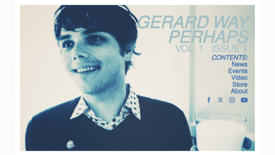 Homepage featuring Gerard Way with navigation links to news, events, video, store, and about sections