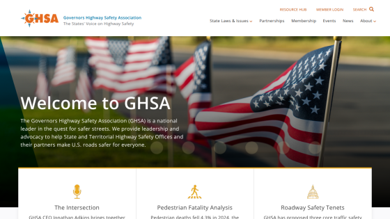 Homepage of GHSA with a welcome message and images of American flags.