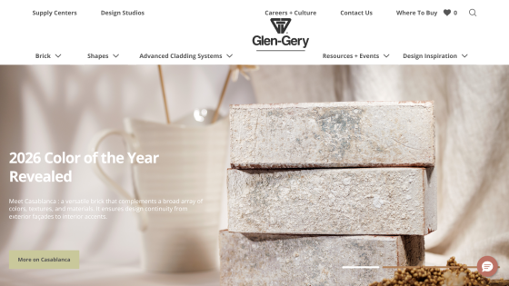 Glen-Gery website showcasing 2026 Color of the Year Casablanca brick with description and navigation menu
