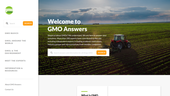 GMO Answers homepage with search bars and information about GMO experts and resources, featuring a tractor in a field under a cloudy sky