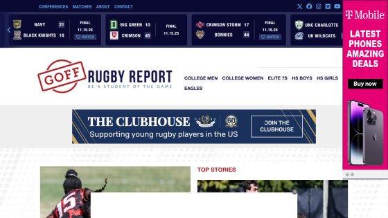Goff Rugby Report homepage with rugby match scores, navigation links, and a banner supporting young rugby players in the US