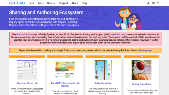 Go-Lab website sharing and authoring ecosystem with labs like Electrical Circuit, Photosynthesis, Pulley Simulation, and Gravity Force Labs