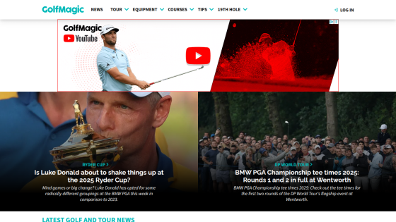 Homepage featuring articles on golf events and player highlights.
