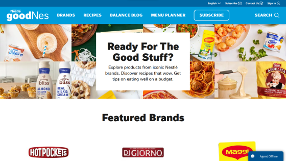 Homepage featuring recipes and brands with a call to action for exploring products.
