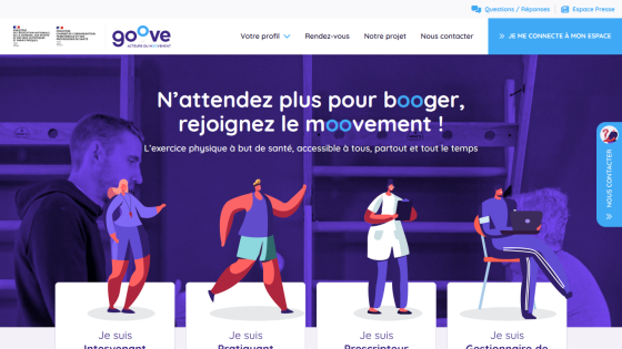 French health exercise website encouraging joining the movement with profile, appointment, project, and contact options