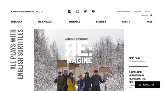 Theater website featuring the 7th Berliner Herbstsalon RE:IMAGINE event with a group holding blank signs in a snowy forest