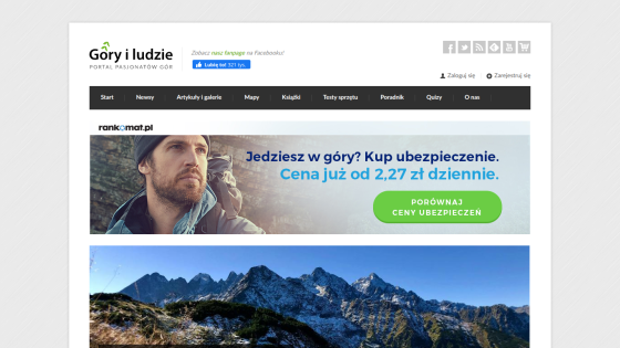 Mountain enthusiasts portal with navigation menu, insurance banner, and mountain landscape hero image