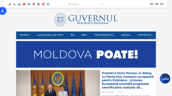 Official website of the Government of Moldova featuring a headline about a dialogue with European commissioners.