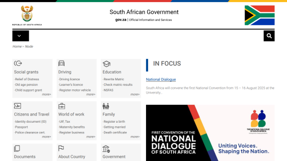 South African Government homepage featuring key services and a national dialogue announcement.