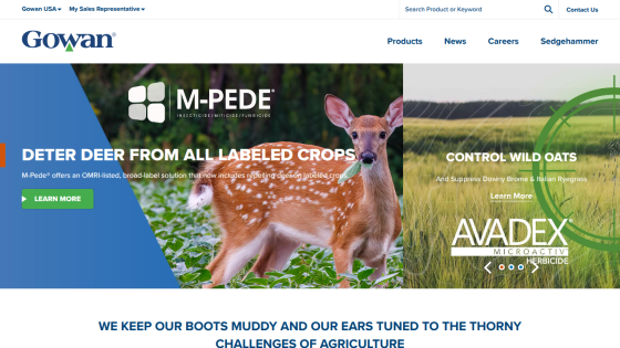 Homepage featuring deer deterrent product with key text and images.