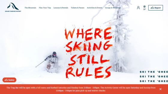 Grand Targhee Resort homepage with skier in snow and text 'Where Skiing Still Rules'