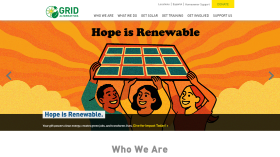 GRID Alternatives homepage with a renewable energy theme showing diverse people holding a solar panel and text 'Hope is Renewable'