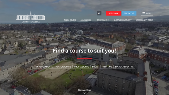 Griffith College homepage with aerial view and course options including undergraduate, postgraduate, and professional