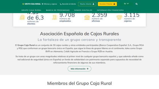 Asociación Española de Cajas Rurales introduction with group description and statistics in Spanish