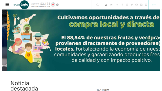 Grupo Éxito website showing stock price and a banner about supporting local and direct purchase of fruits and vegetables