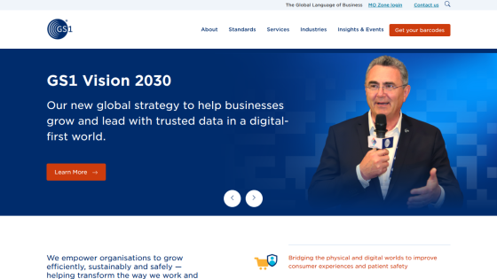 GS1 Vision 2030 strategy overview with a speaker and call-to-action button.
