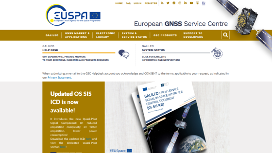 European GNSS Service Centre homepage with navigation, help desk info, system status, and announcement of updated OS SIS ICD document