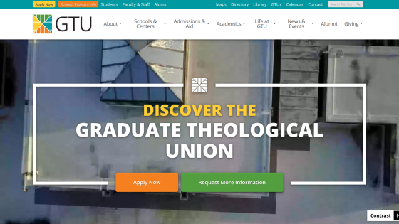 Graduate Theological Union homepage with navigation and call-to-action buttons for applying and requesting information