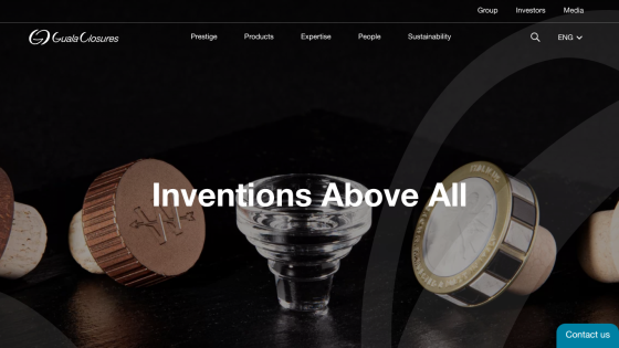 Guala Closures website with navigation menu and tagline 'Inventions Above All' over product images