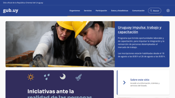 Uruguay promotes work and training initiatives with images of workers and program details.
