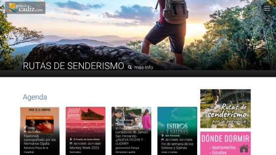 Website for Cadiz tourism featuring hiking routes and local event agenda with dates and locations