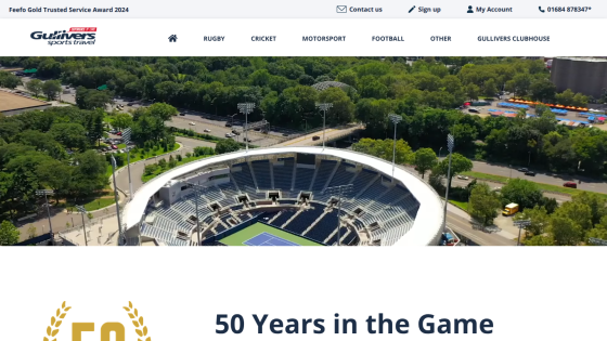 Gullivers Sports Travel website header with navigation and aerial stadium image, celebrating 50 years in the game