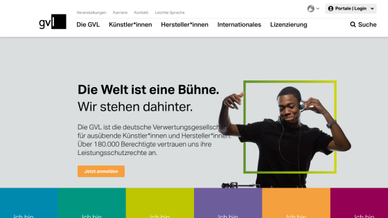 GVL homepage with navigation and hero section promoting rights management for artists and producers