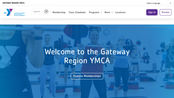 Gateway Region YMCA homepage with navigation and a group fitness class in session
