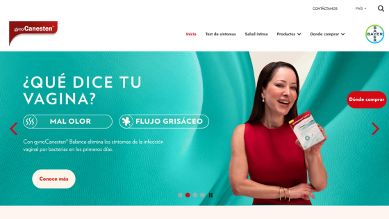 Homepage of gynoCanesten with navigation menu and hero promoting vaginal infection symptom relief product