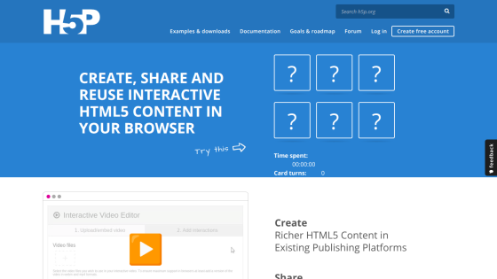 Homepage promoting interactive HTML5 content creation with a video editor preview.