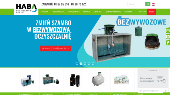 HABA Engineering homepage with navigation, contact info, and hero promoting non-removal sewage treatment systems