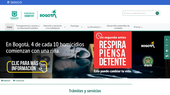 Bogotá government site highlighting homicide statistics and a safety message urging to breathe, think, and stop.