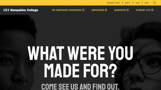 Hampshire College homepage featuring a bold question and invitation to visit.