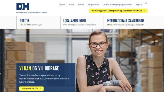 Danske Handicaporganisationer website with navigation and hero section featuring a smiling woman and text about representing people with disabilities.