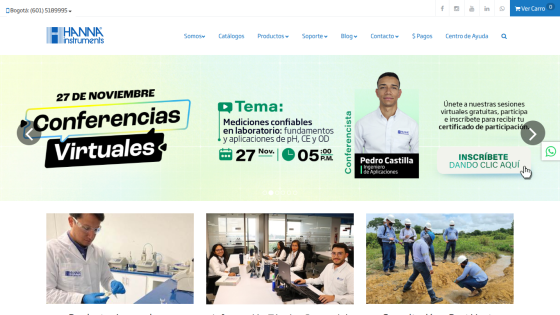 Hanna Instruments website promoting virtual conferences on reliable laboratory measurements with speaker Pedro Castilla