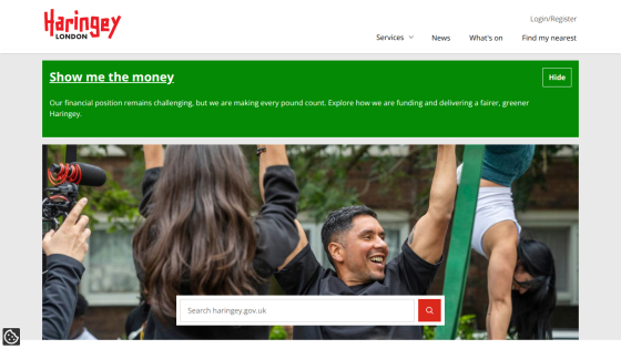 Haringey Council homepage featuring a call to action and a search bar.