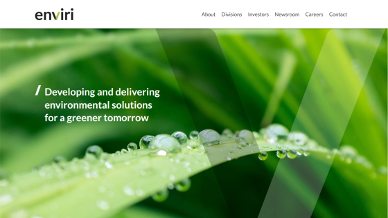 Enviri website with navigation links and tagline about developing environmental solutions for a greener tomorrow over a close-up of dew on a leaf.